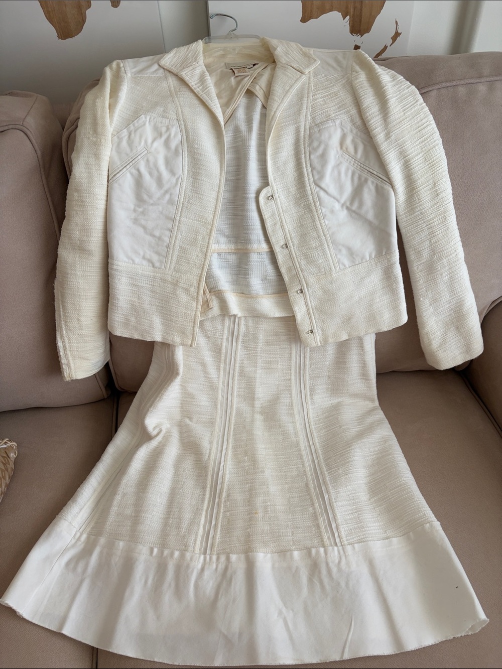 BCBGMaxAzria Cream Two-Piece Tweed Jacket and Skirt Set